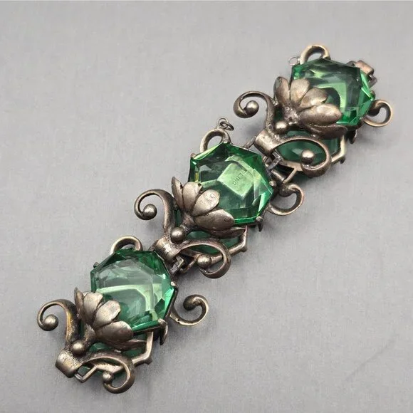 Art Nouveau Sterling Silver Demi-Parure Green Glass Floral Bracelet Earrings - Picture 13 of 16